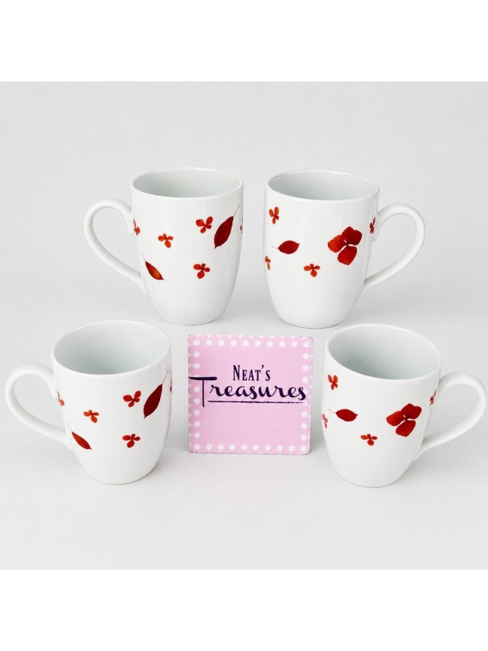 Home Target PRESSED PETALS Red Leaves Petal White Porcelain 12oz Cups Mugs Set 4